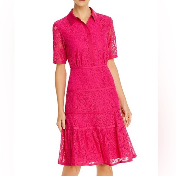 Nanette Lepore Fuchsia Lace Collared Button Down Dress‎ sz 4 - Picture 3 of 11